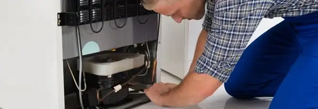 Refrigerator repair technician servicing the compressor and condenser area in Lakewood, CO